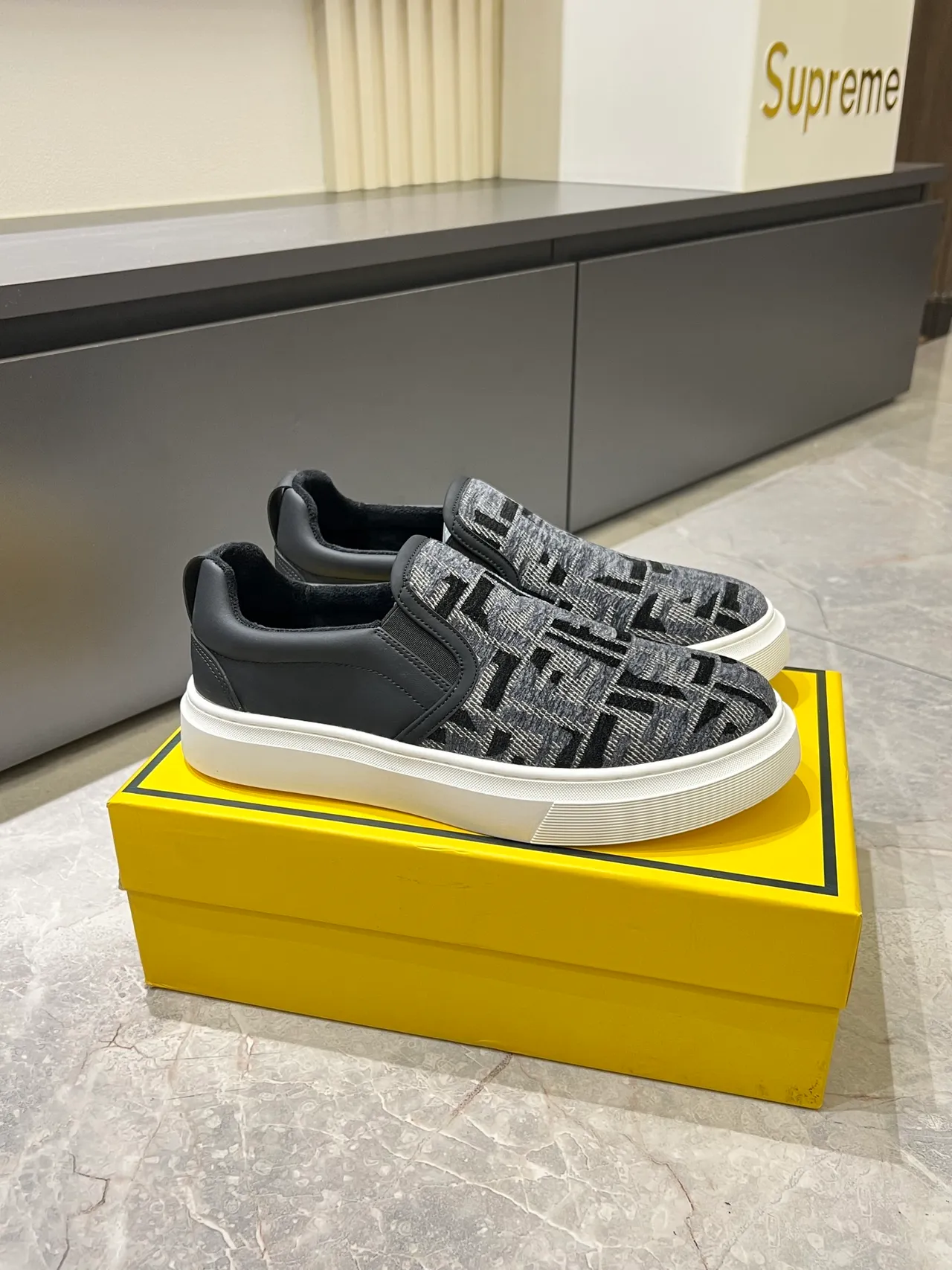 Supreme Slip-On Monogram Knit Gray Black White Lifestyle Sneakers