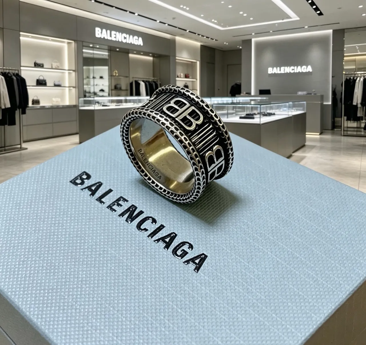 Balenciaga Logo Ring Silver Black Wide Band Engraved Ring