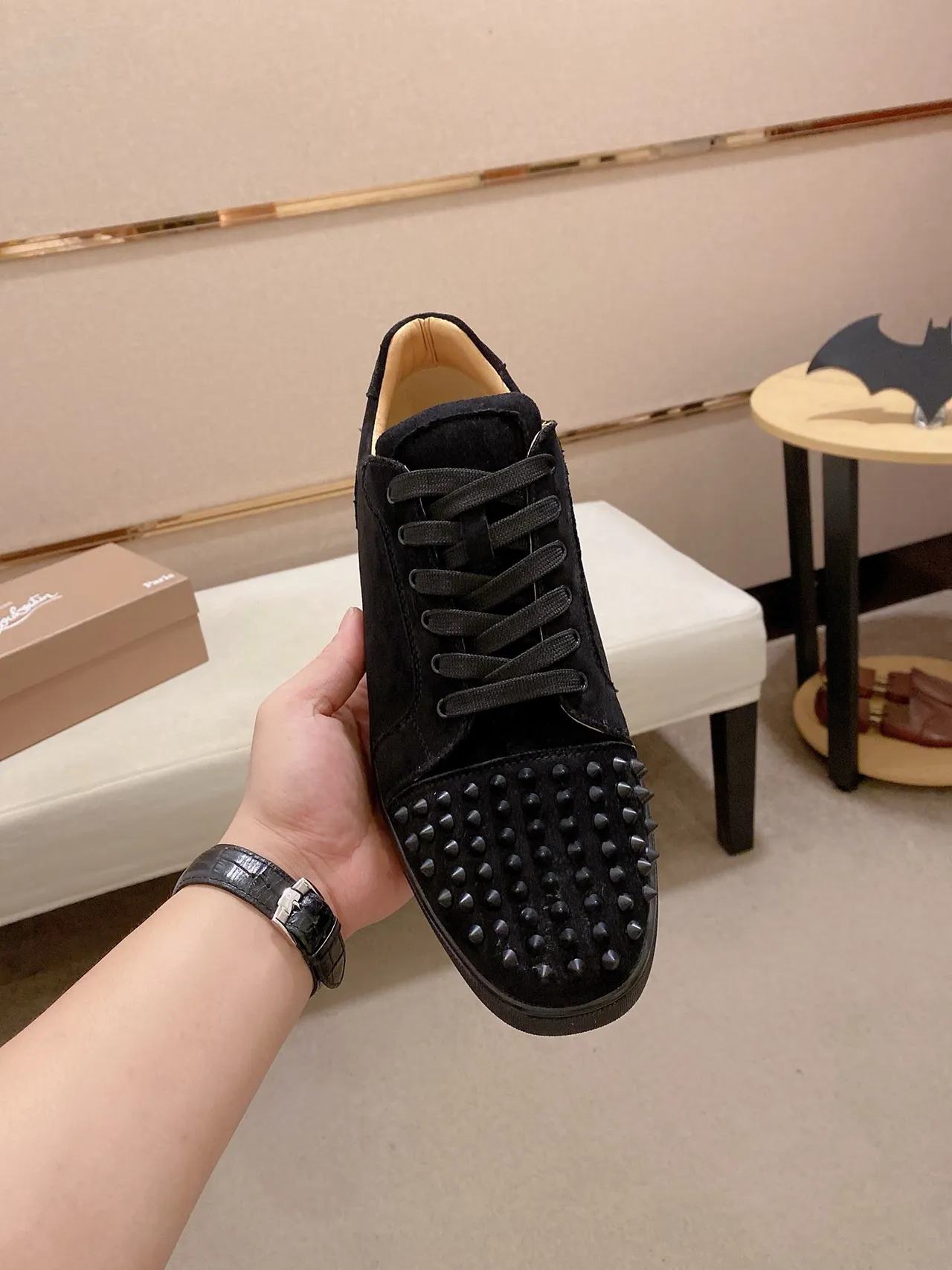 Christian Louboutin Black Beige Suede Upper Spiked Toe Cap Lifestyle Sneakers