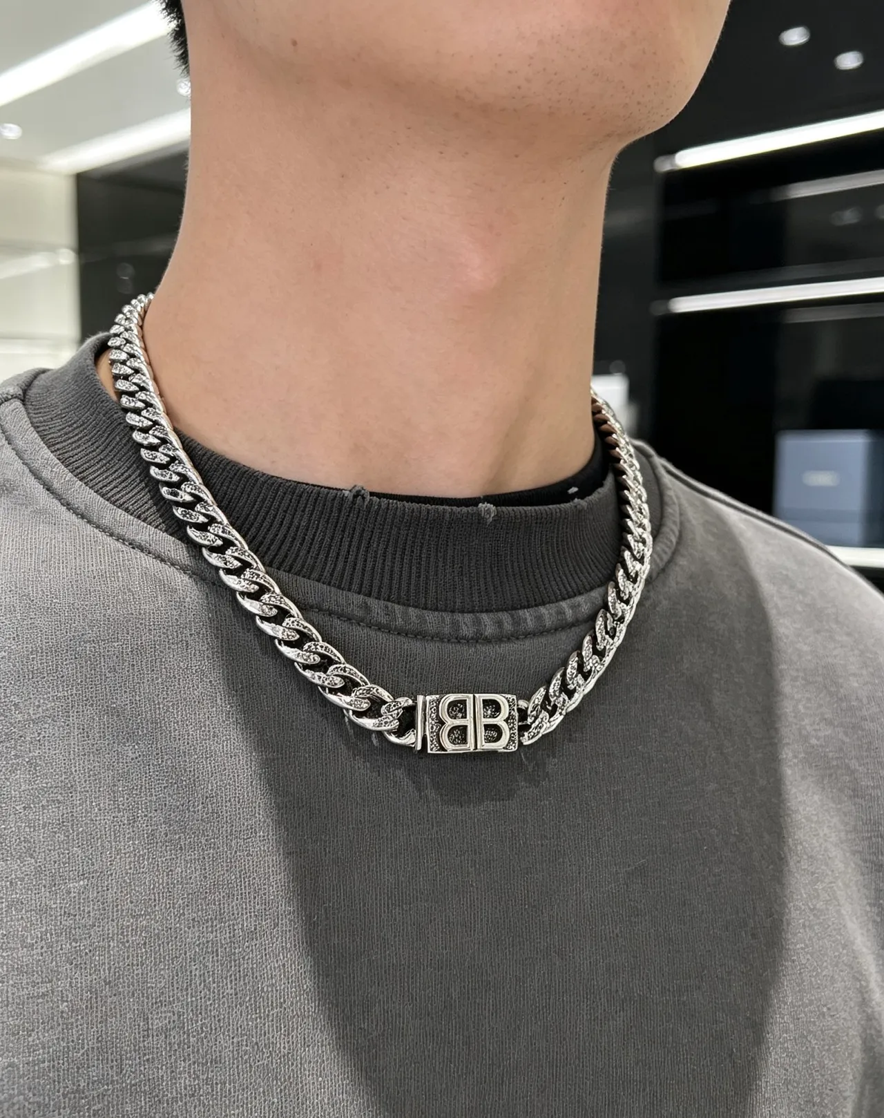 Balenciaga BB Chain Silver-Toned Textured Curb-Link Necklace