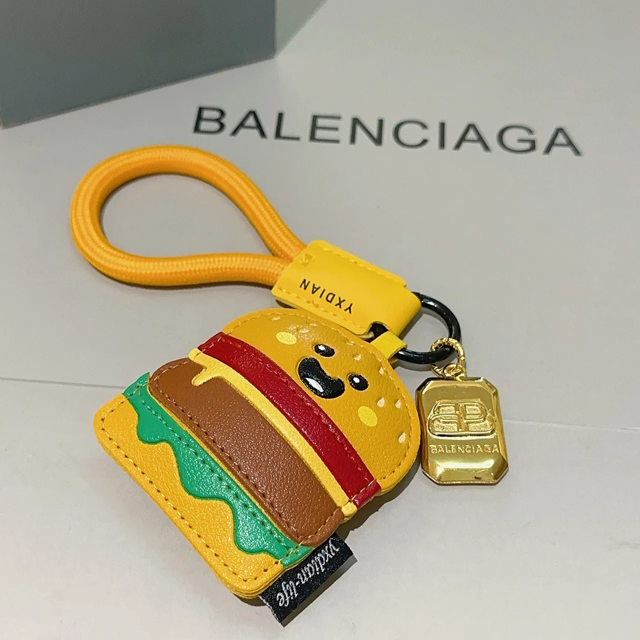 Balenciaga Yellow Multicolor Hamburger-Shaped Leather Keychain Cartoon Face Detail Phone Accessory