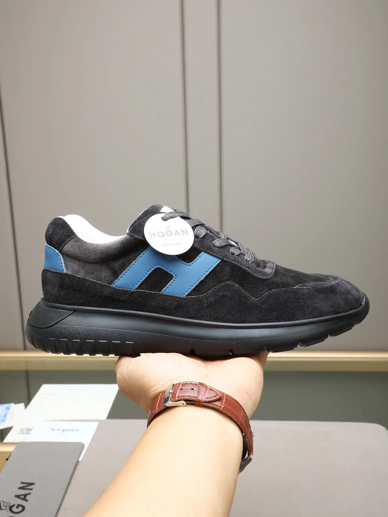 Hogan Black Blue Suede Upper H-Shaped Side Panel Lifestyle Sneakers