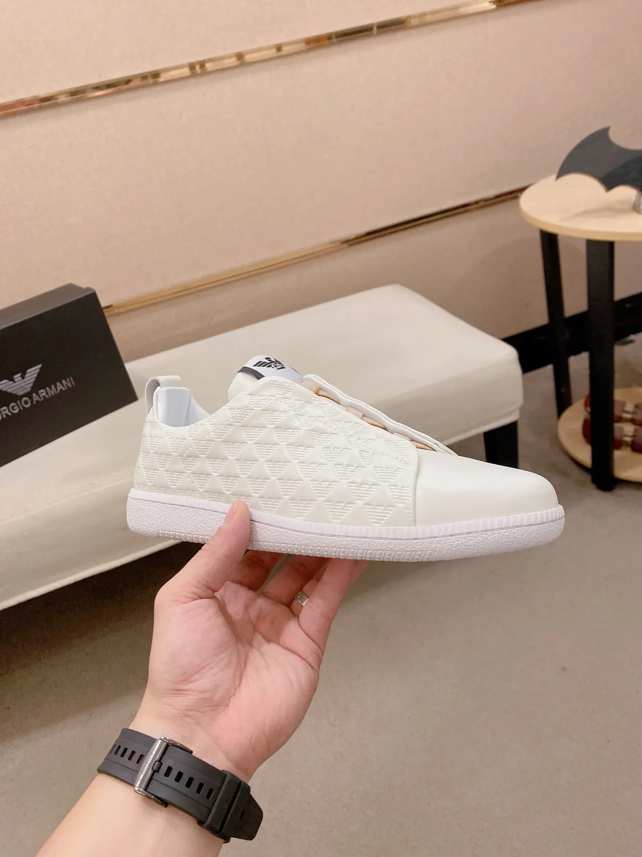 Emporio Armani Quilted Eagle Slip-On White Lifestyle Sneakers