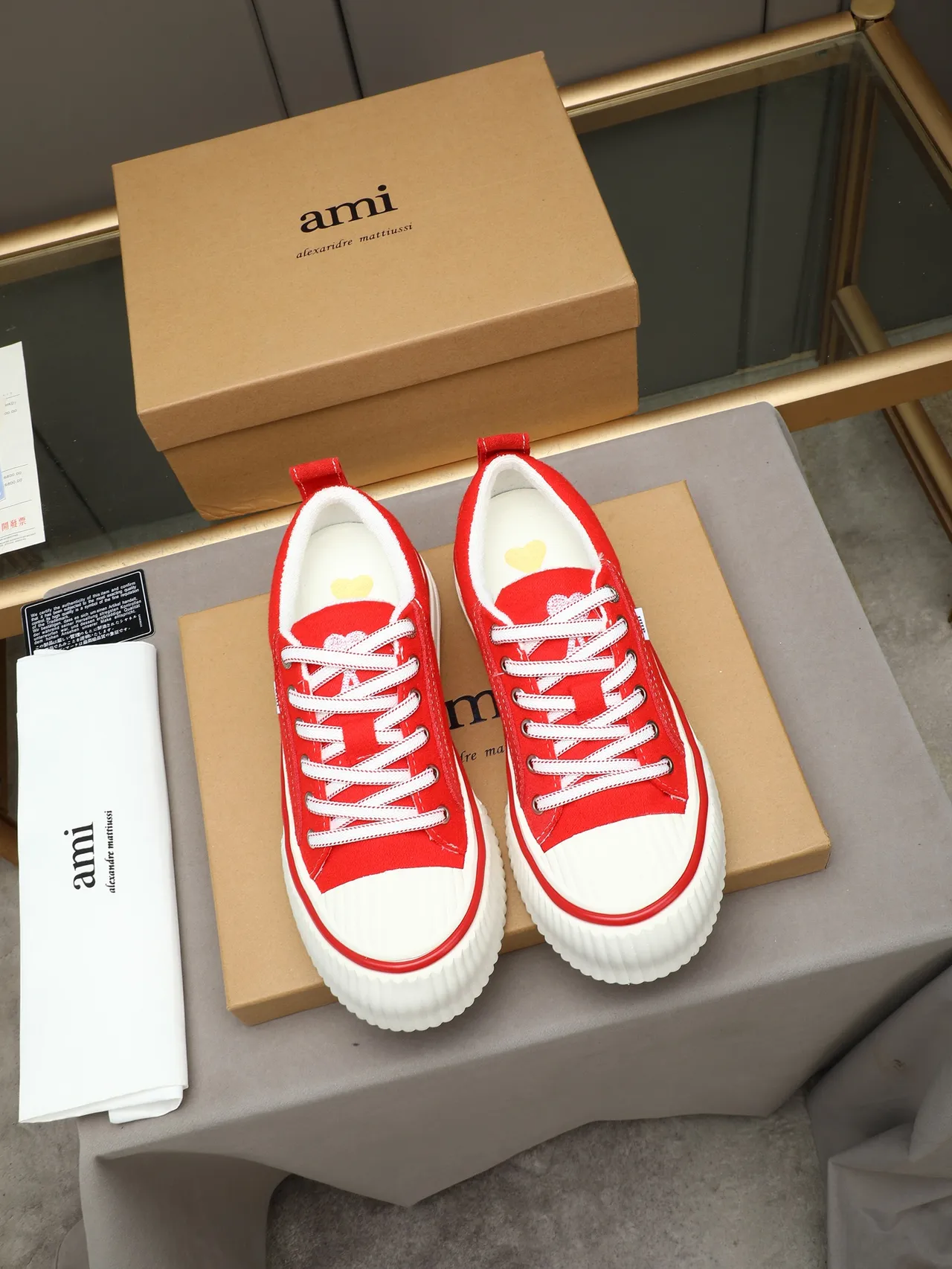 AMI Paris Platform Sneakers Red White Low-Top Suede Upper Lifestyle Sneakers
