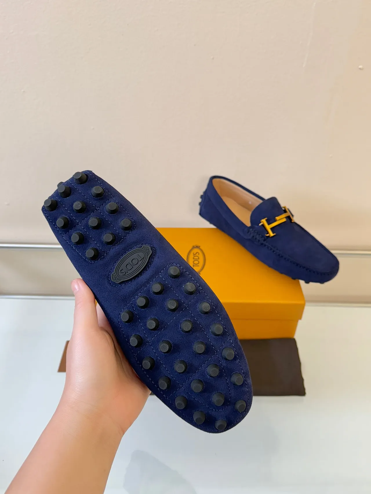 Tod's Gommino Navy Gold Suede Upper H-Bit Hardware Loafer