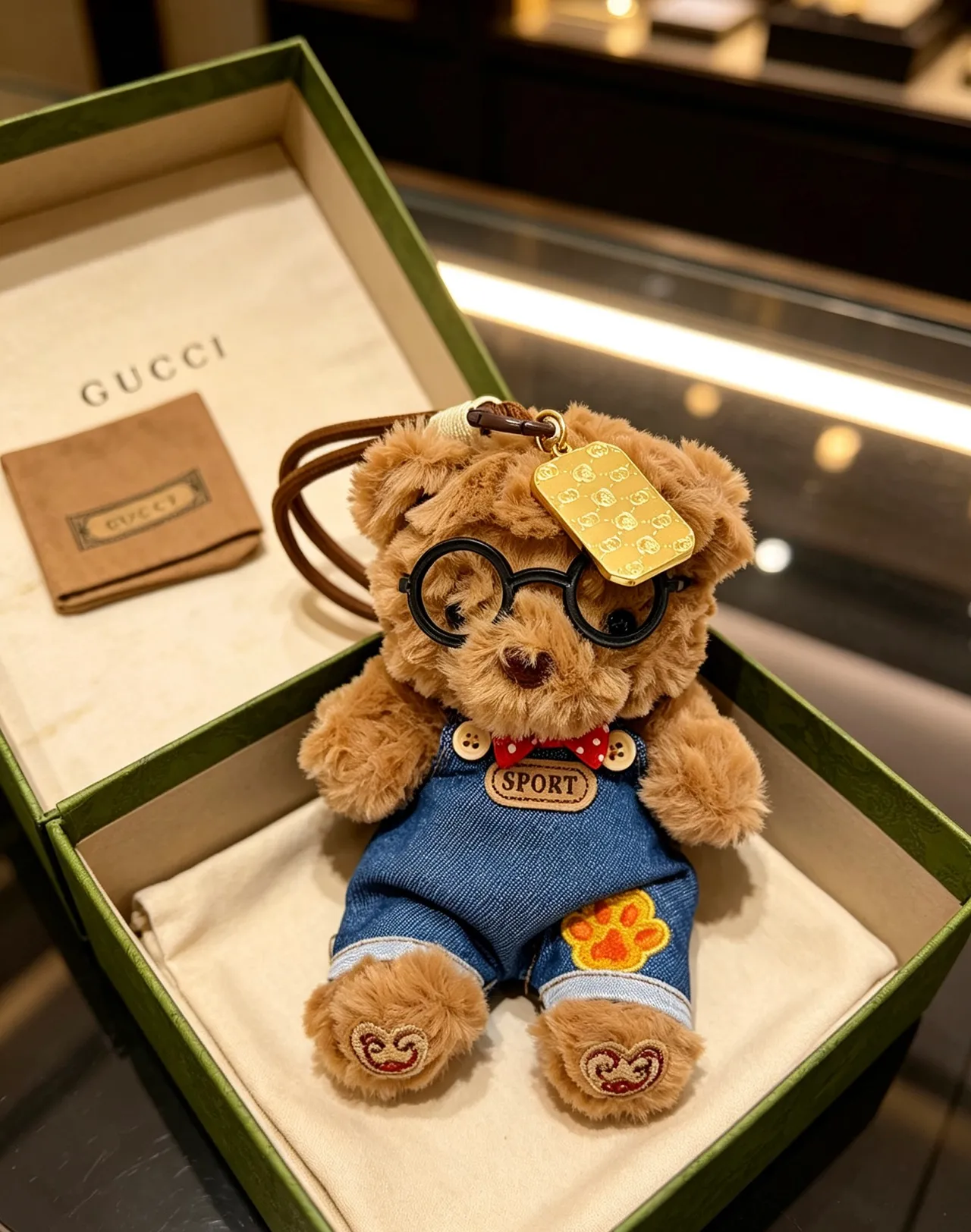 Gucci Brown Blue Plush Teddy Bear Denim Overalls Handbag