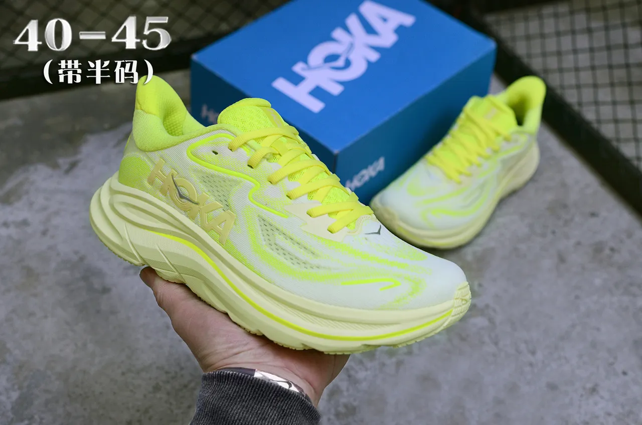 Hoka White Yellow Engineered Knit Upper Neon Accents Running Shoes