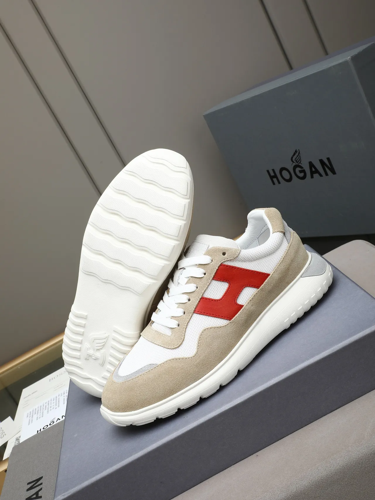 Hogan Beige Red Suede And Mesh Upper Bold 'H' Logo Panel Lifestyle Sneakers
