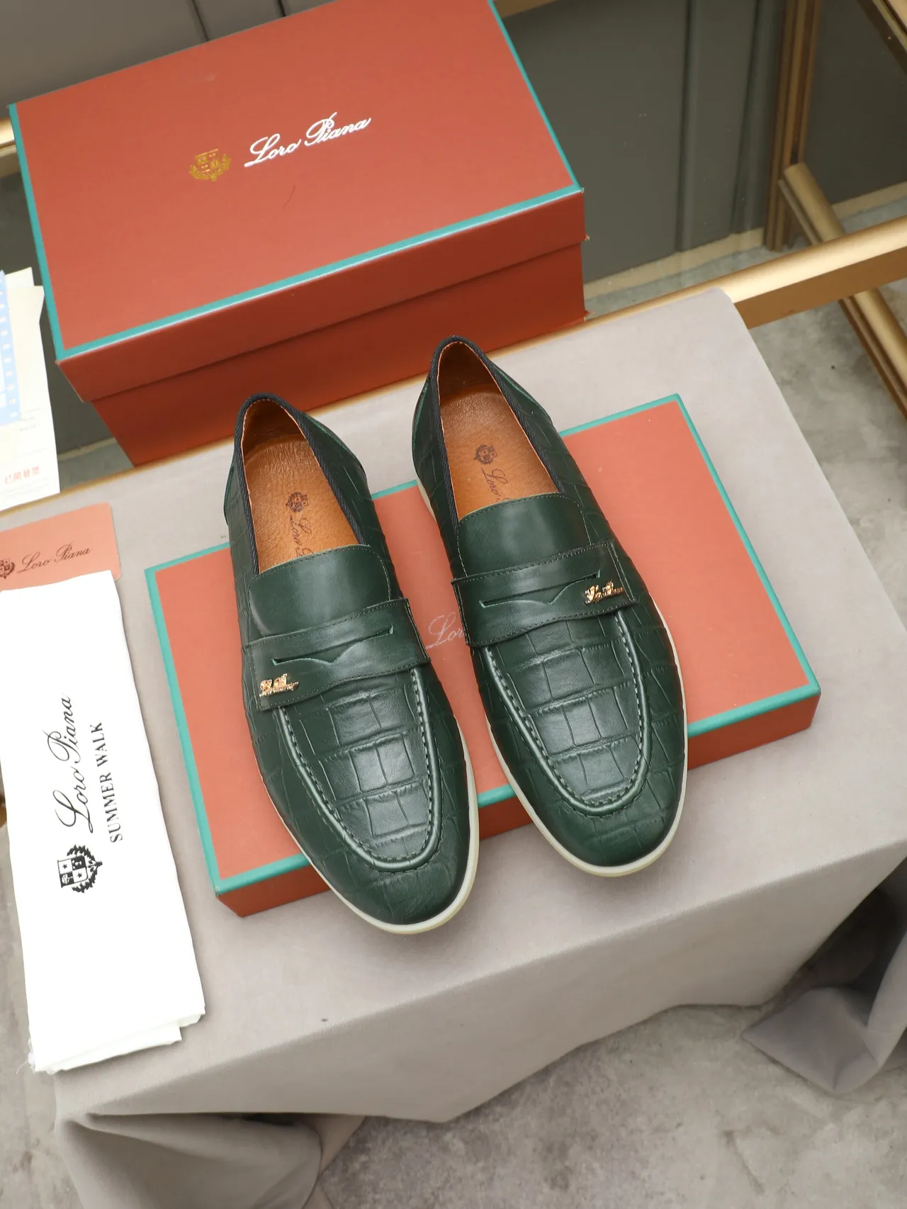 Green Beige Croc-Embossed Leather Metal Logo Plaque Strap Loafer