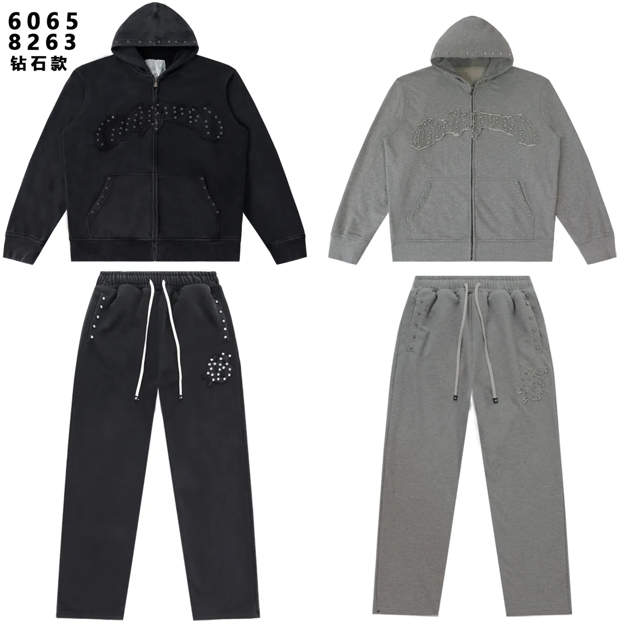 Studded Embroidered Zip-Up Hoodie and Sweatpants Tracksuit
