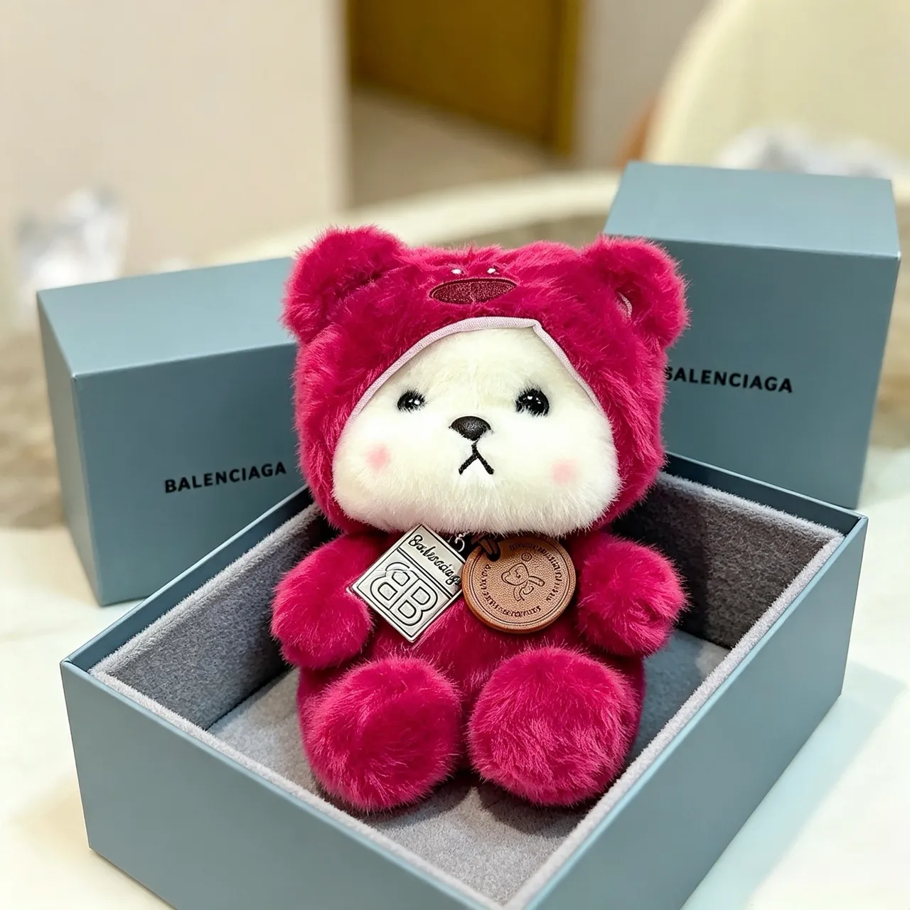 Balenciaga Teddy Bear Pink White Plush Hooded Costume Handbag