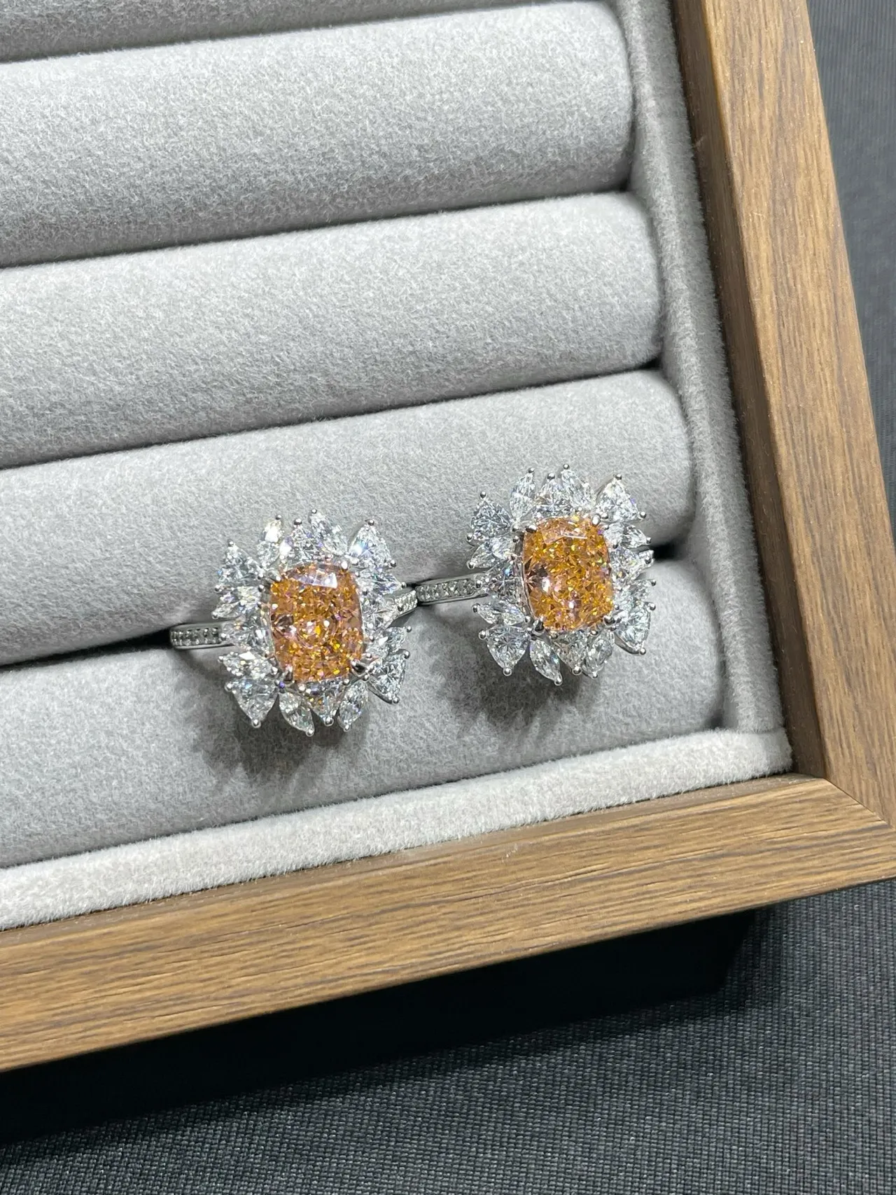 Orange Silver Floral Halo Setting Cushion-Cut Center Ring