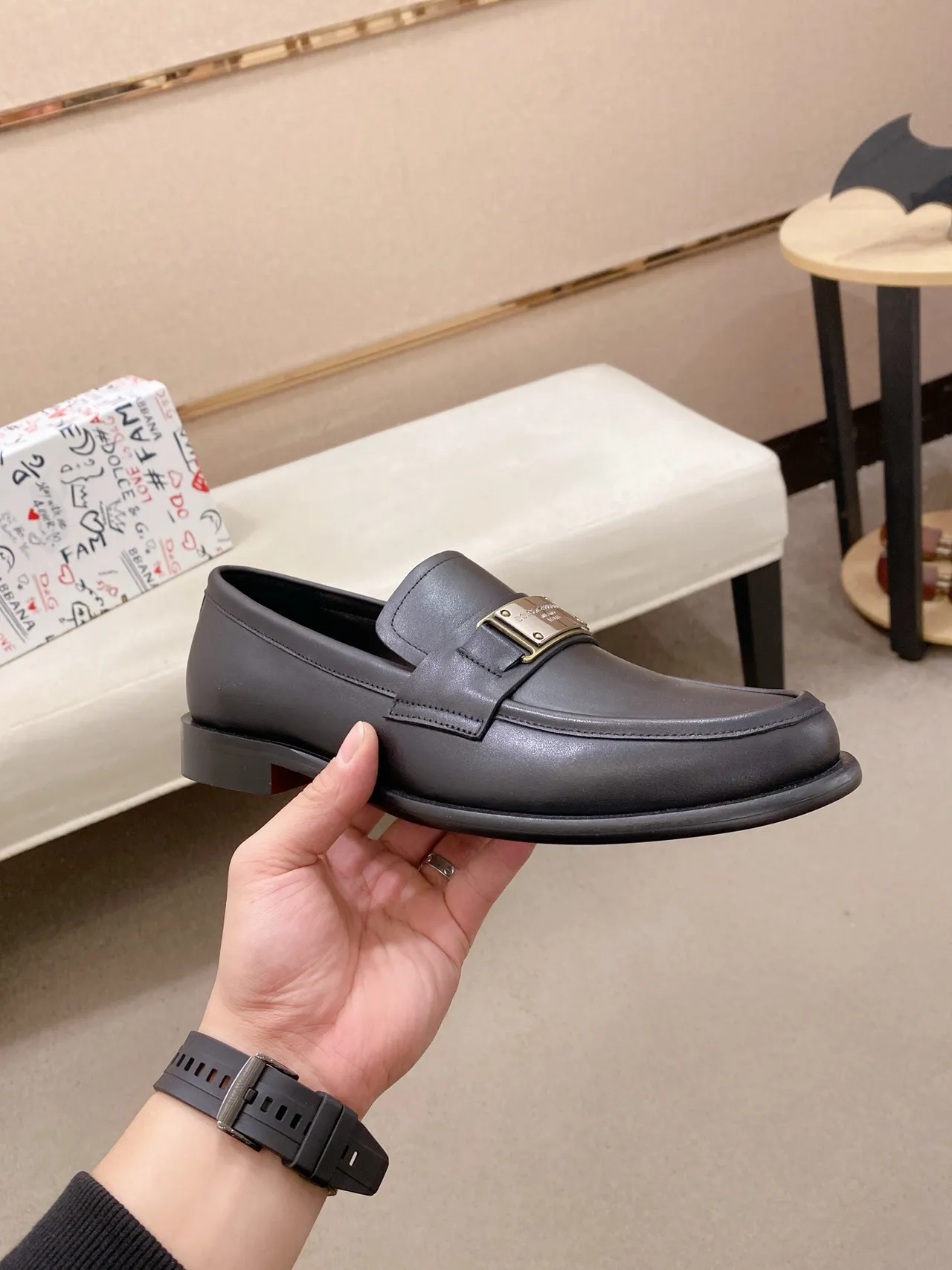 Dolce & Gabbana Portofino Black Gold Leather Metal Buckle Strap Loafer