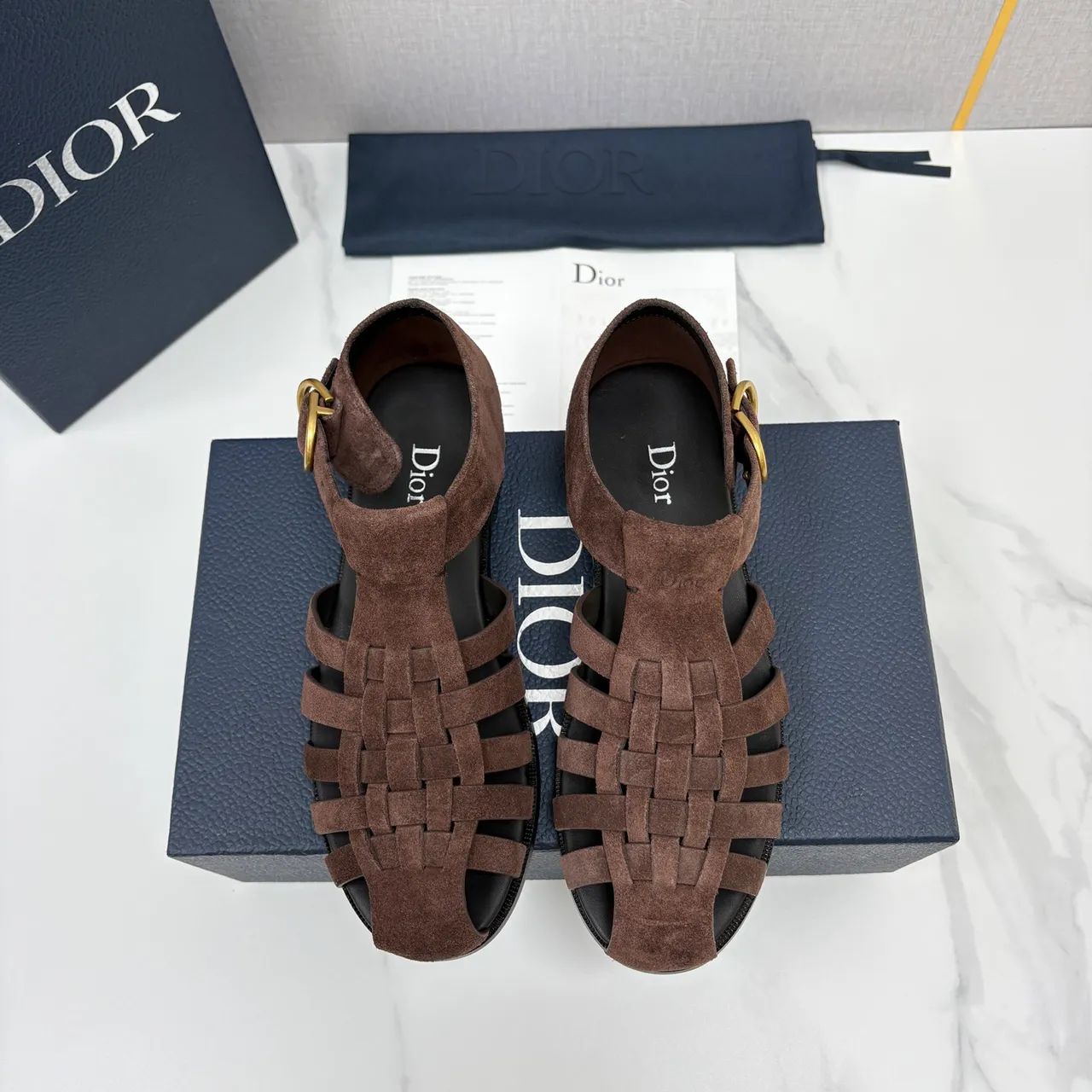 Dior Brown Black Woven Suede T-Strap Gladiator Sandals