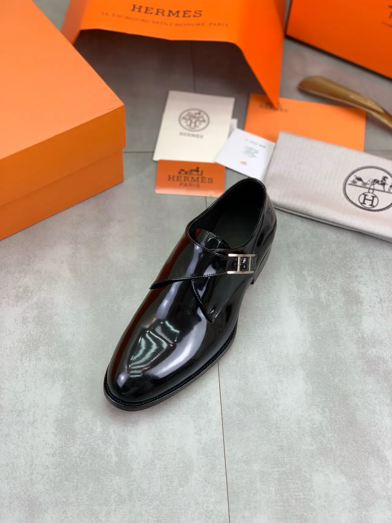 Hermès Black Silver Glossy Patent Leather Single Strap Monk Shoes