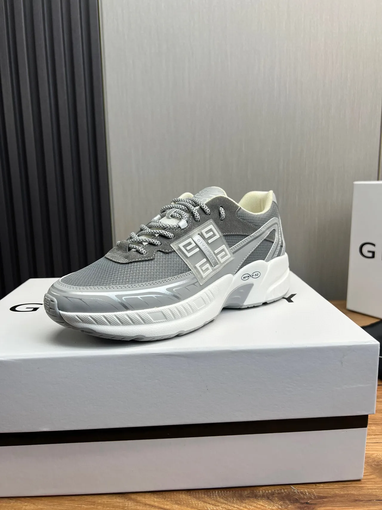 Givenchy Gray White Sole Mesh-Suede Hybrid Upper Chunky Sneakers
