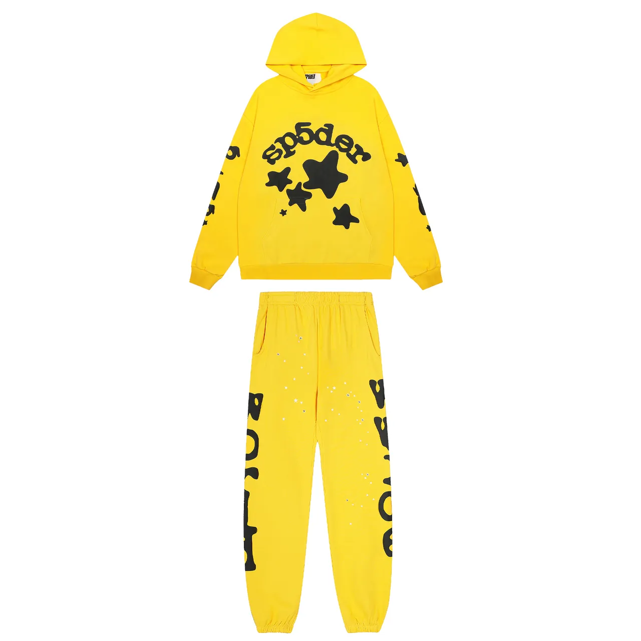 Sp5der Yellow Black Oversized Hoodie Graphic-Print Joggers Tracksuit