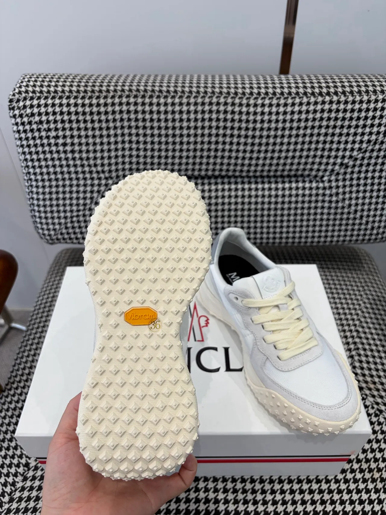 Moncler Beige Gray Off-White Monochrome Quilted Paneling Sneakers