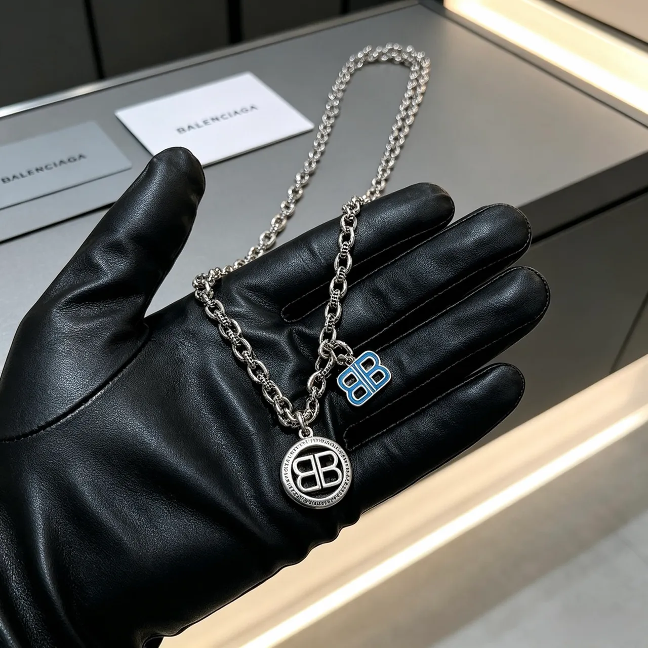 Balenciaga BB Necklace Silver Blue Chunky Curb Chain Double-B Logo Pendant Necklace