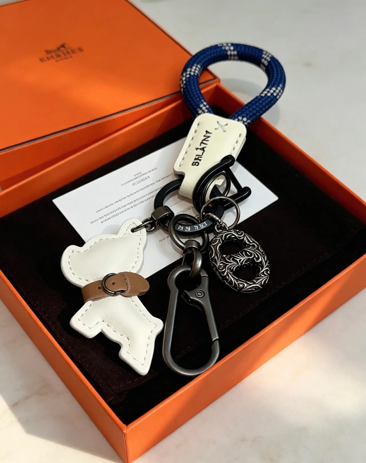 Hermès Dog Charm Keychain White Navy Leather Rope Loop Handbag