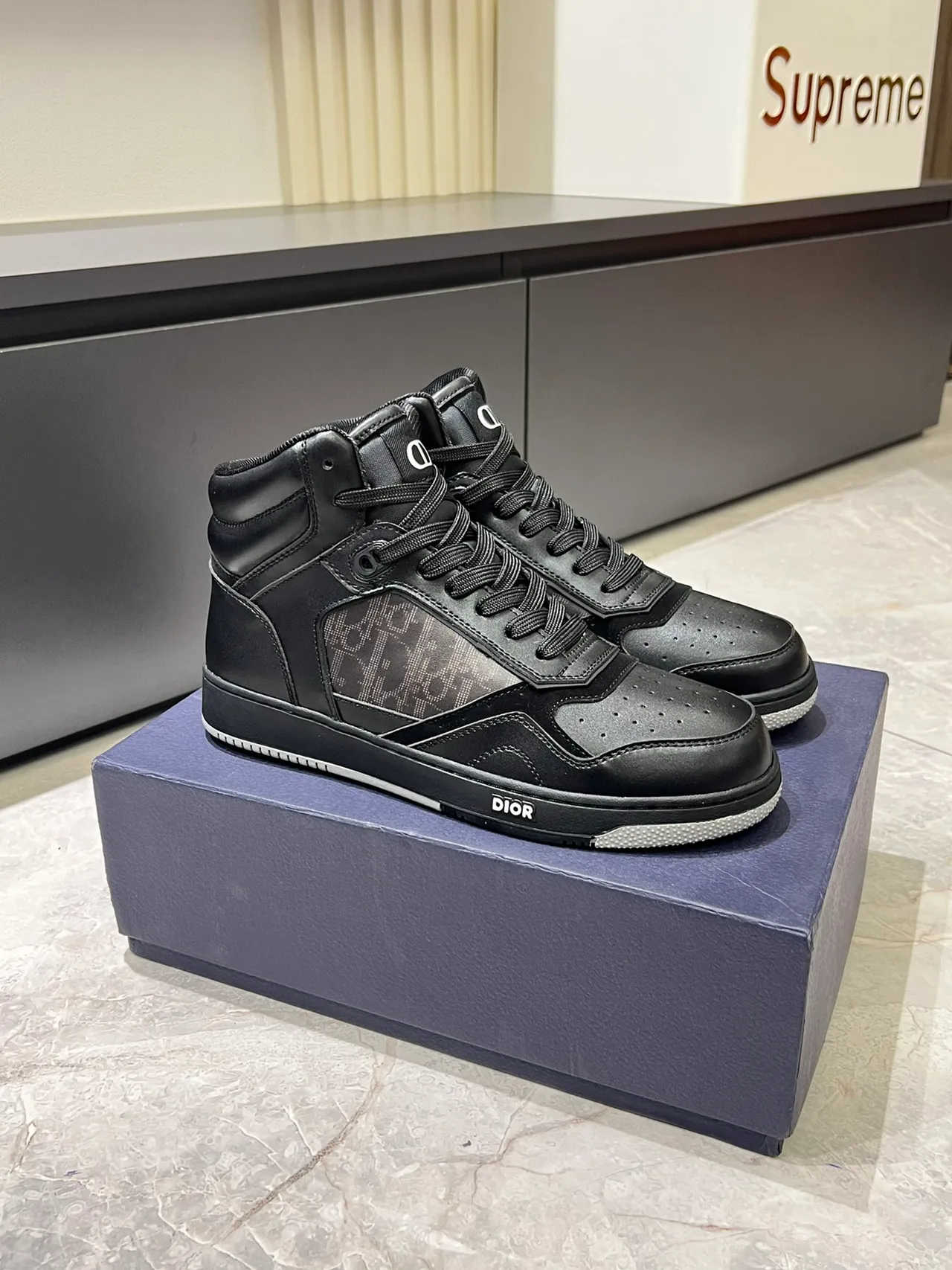 Dior B23 High Top Black Leather Monogram Lifestyle Sneakers