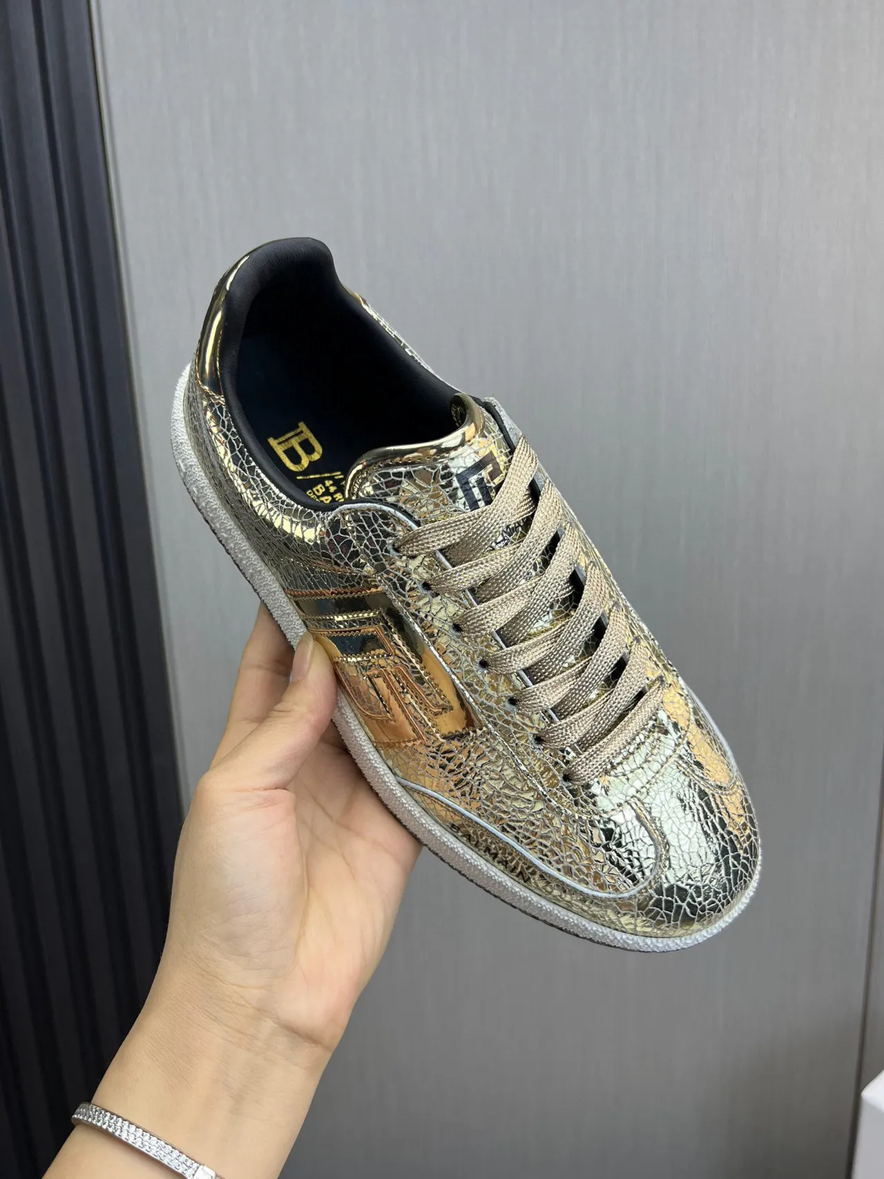 Balmain B-Court Metallic Cracked Leather Gold Black Lifestyle Sneakers