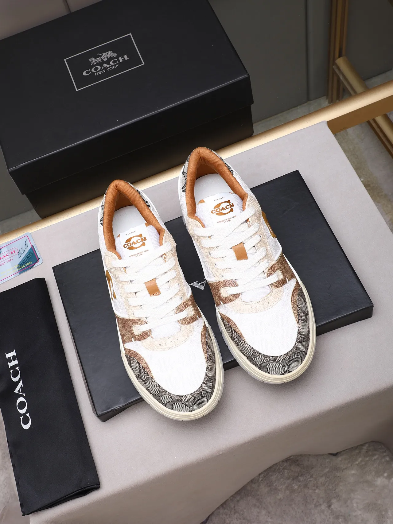 Coach Rascal Beige Brown Low-Top Monogram Jacquard Lifestyle Sneakers