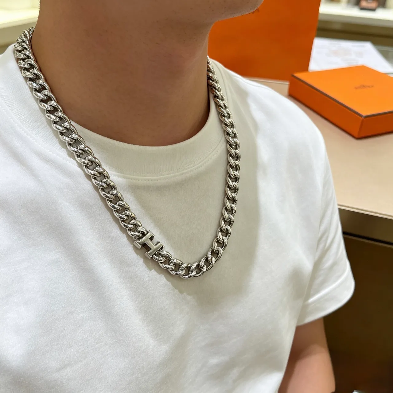 Hermès Collier H Silver Curb-Link Necklace