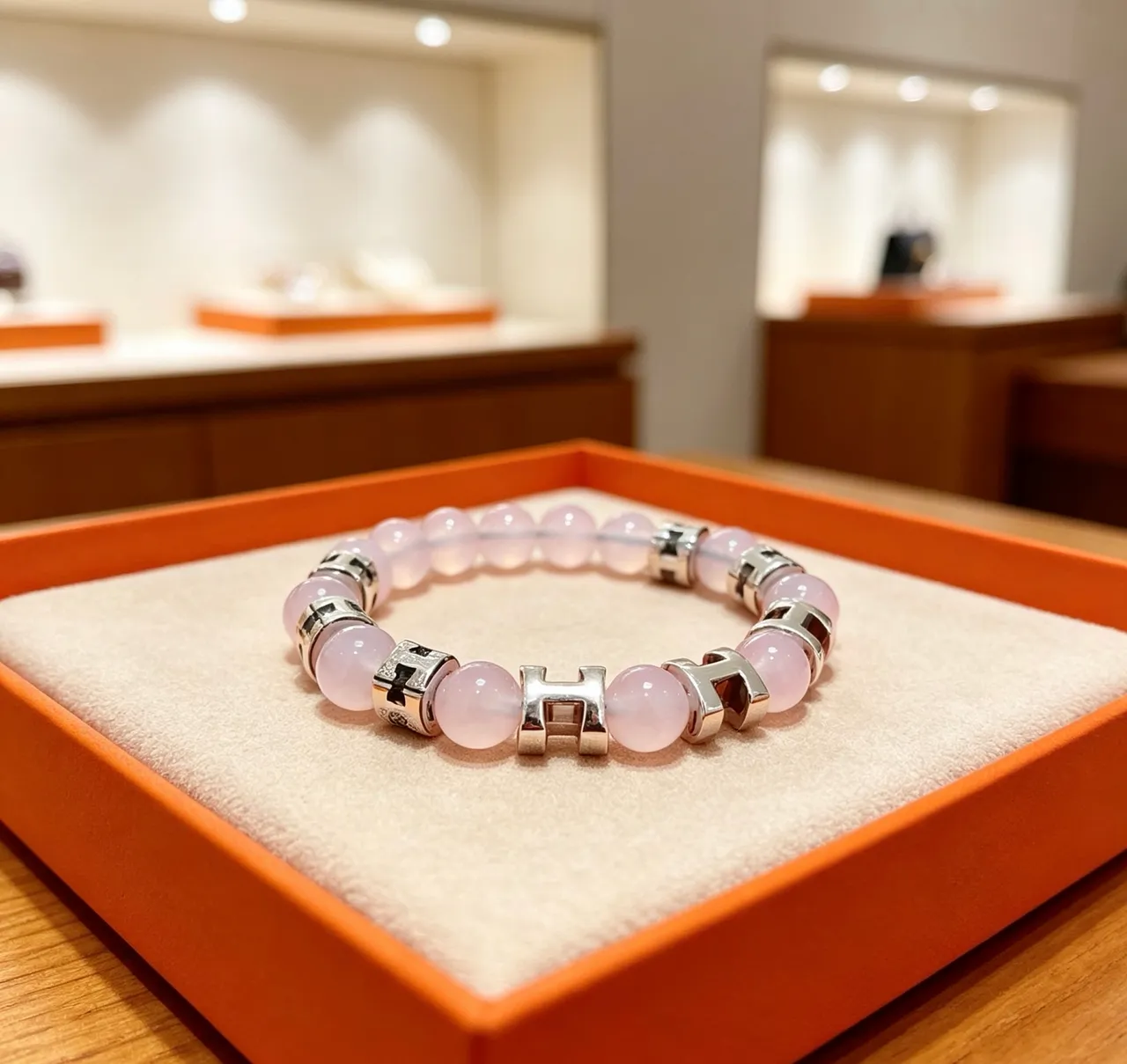 Hermès Beige Silver Beaded H-Motif Charms Bracelet