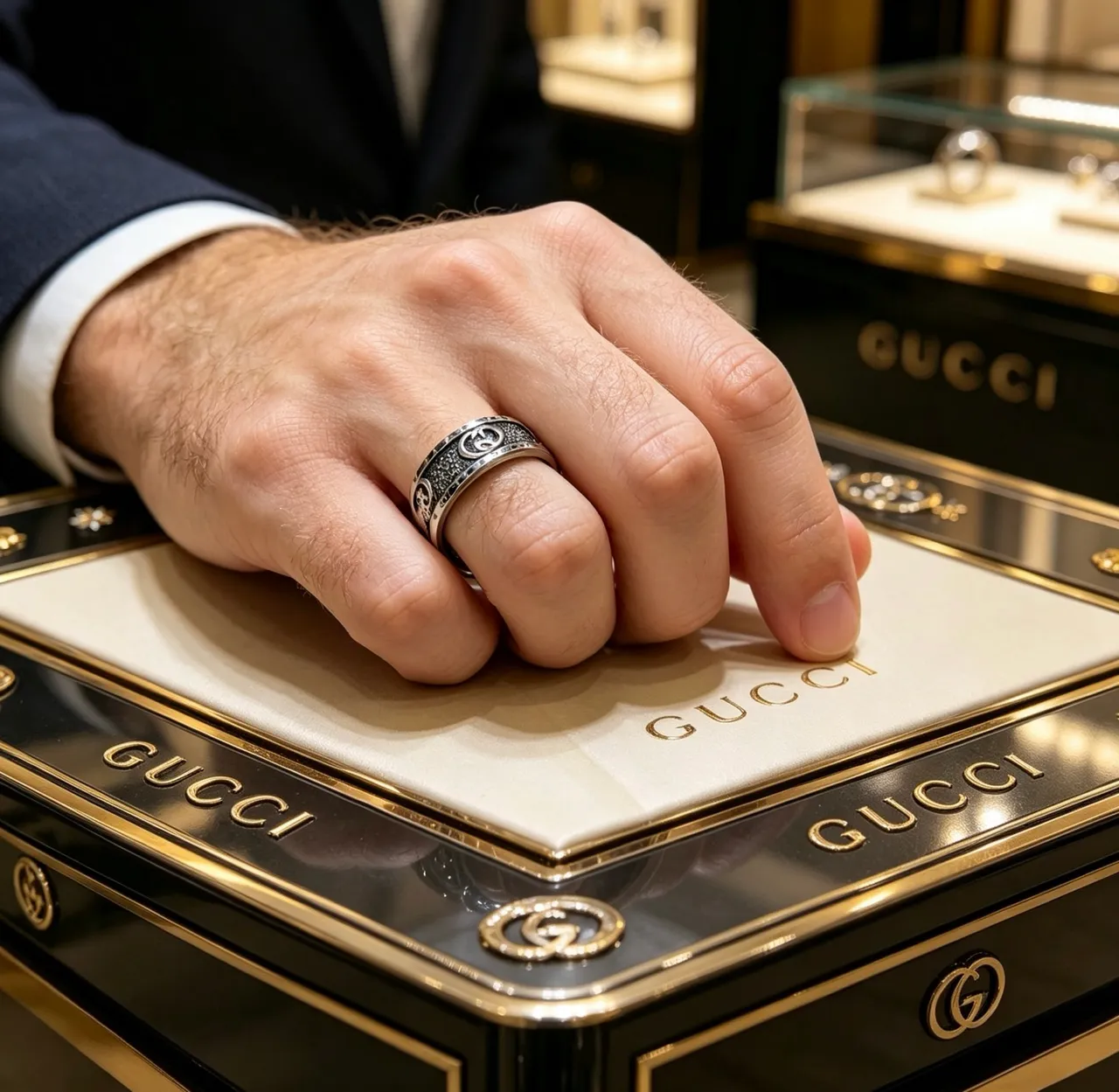 Gucci GG Marmont Silver Black Wide Band Interlocking G Motif Ring