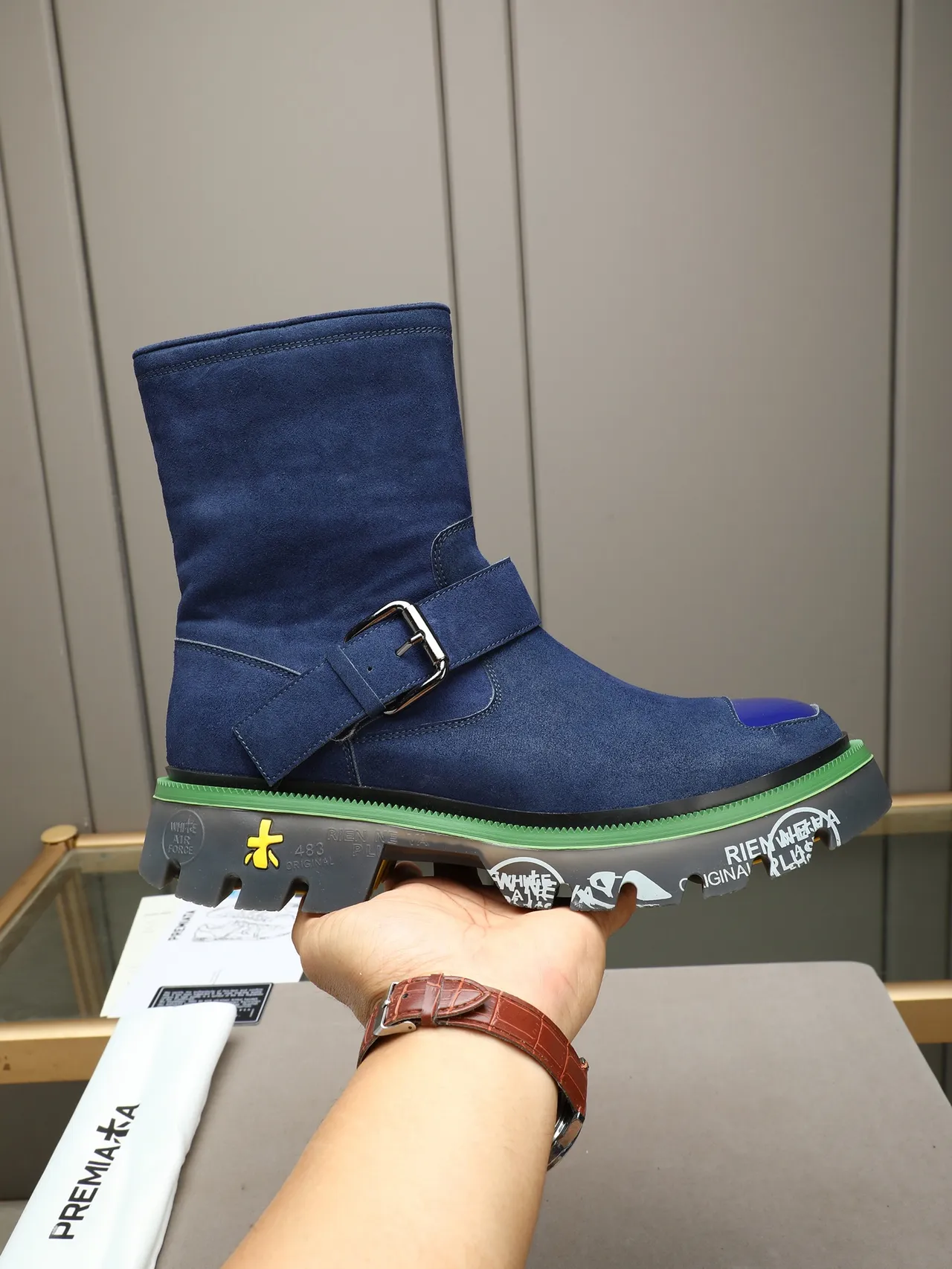 Premiata Blue Suede Buckle Strap Platform Ankle Boot