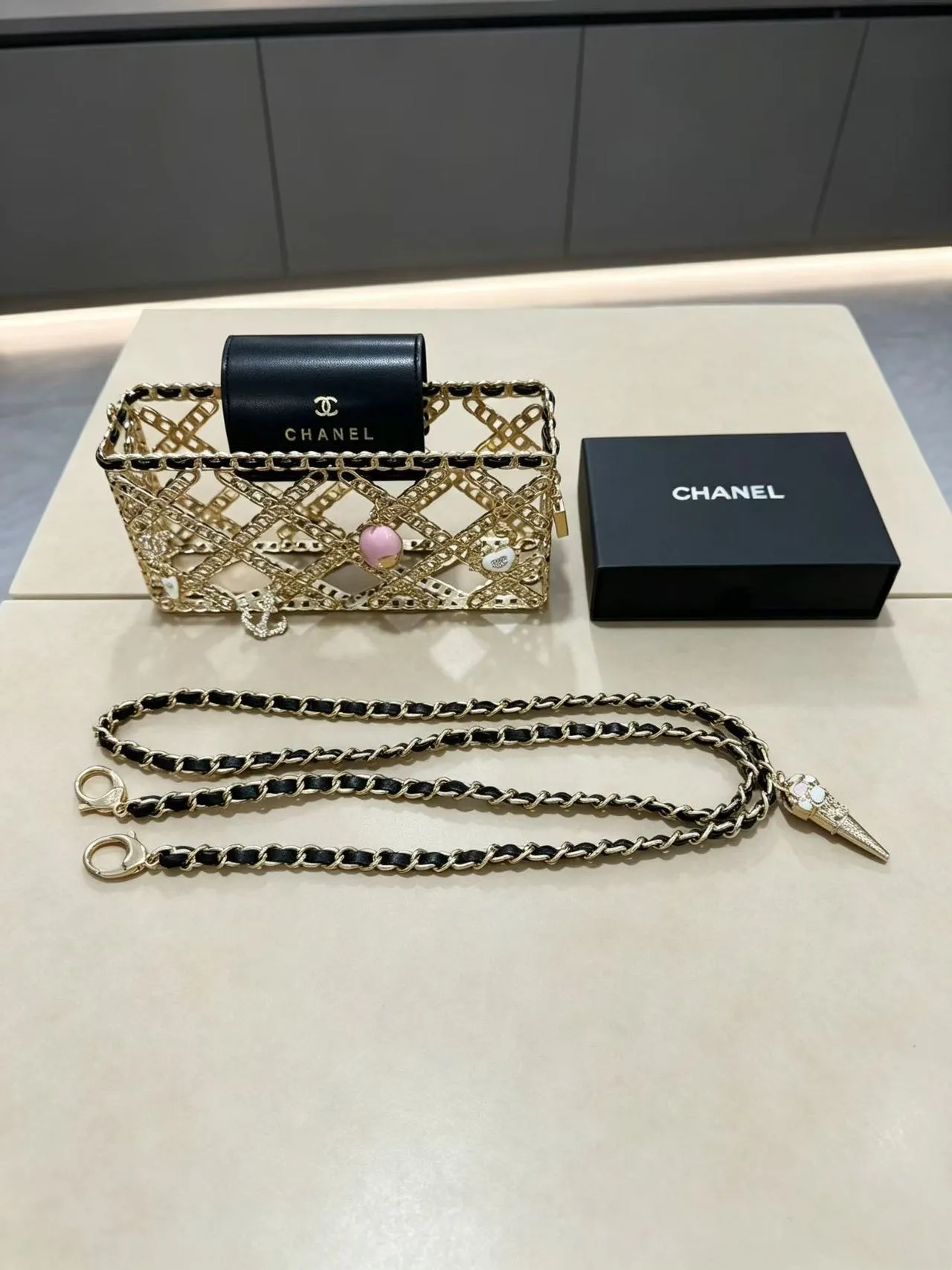 Chanel Chain Cage Black Pink Construction Leather Flap Chain Bag