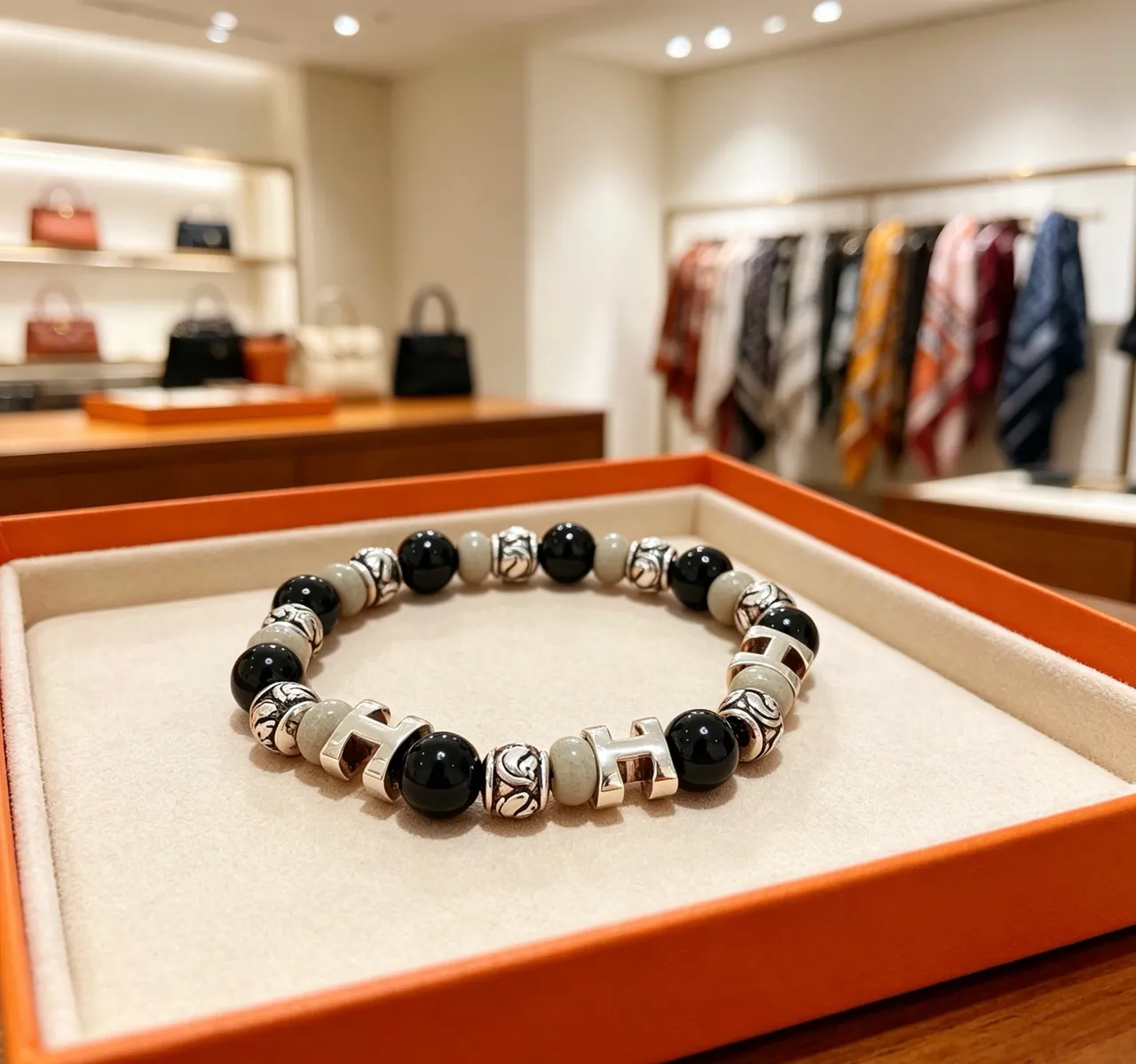 Hermès Black Silver Beaded Multi-Stone Bracelet