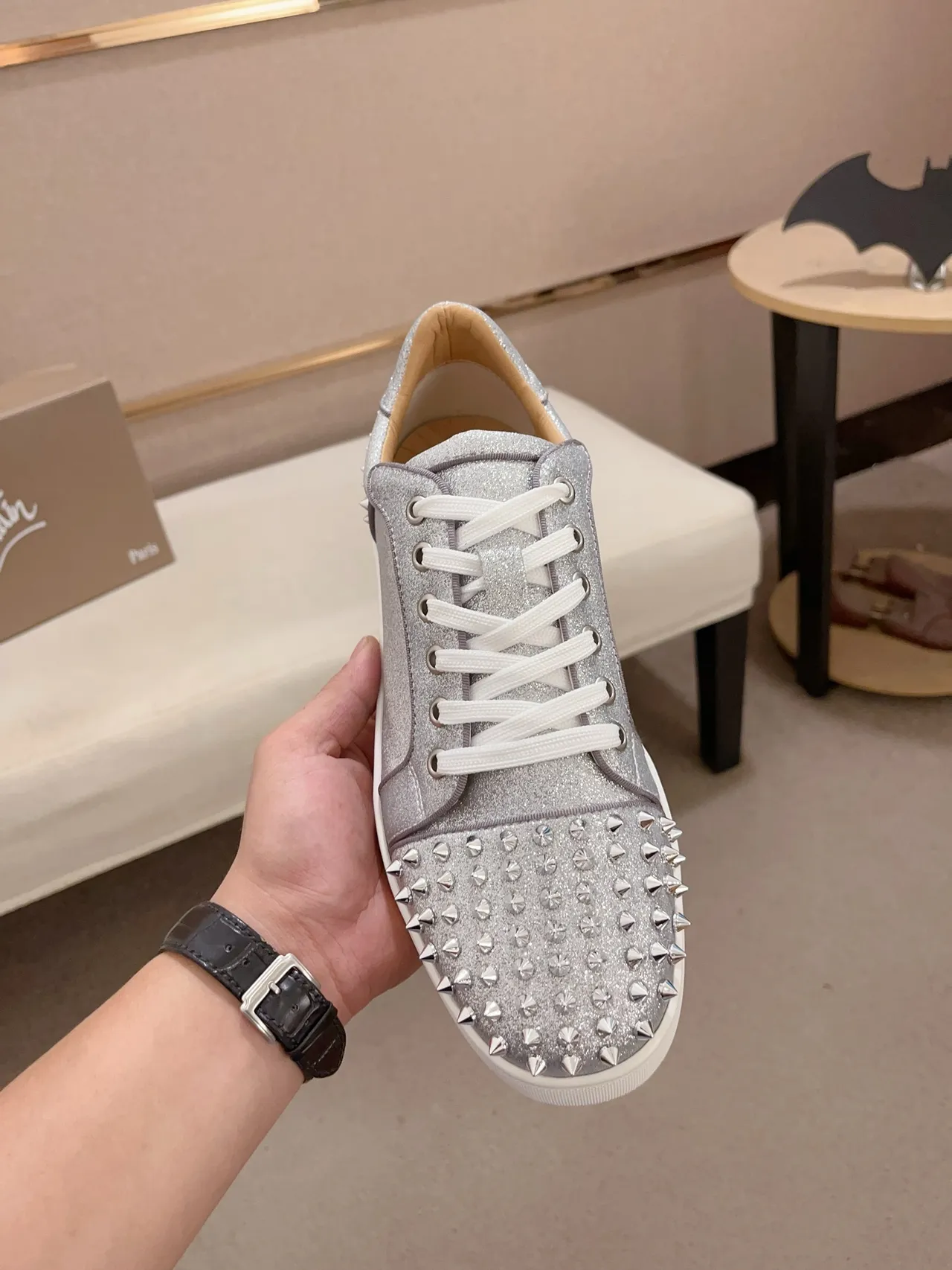 Christian Louboutin Louis Spikes Silver Glitter Spike-Embellished Lifestyle Sneakers