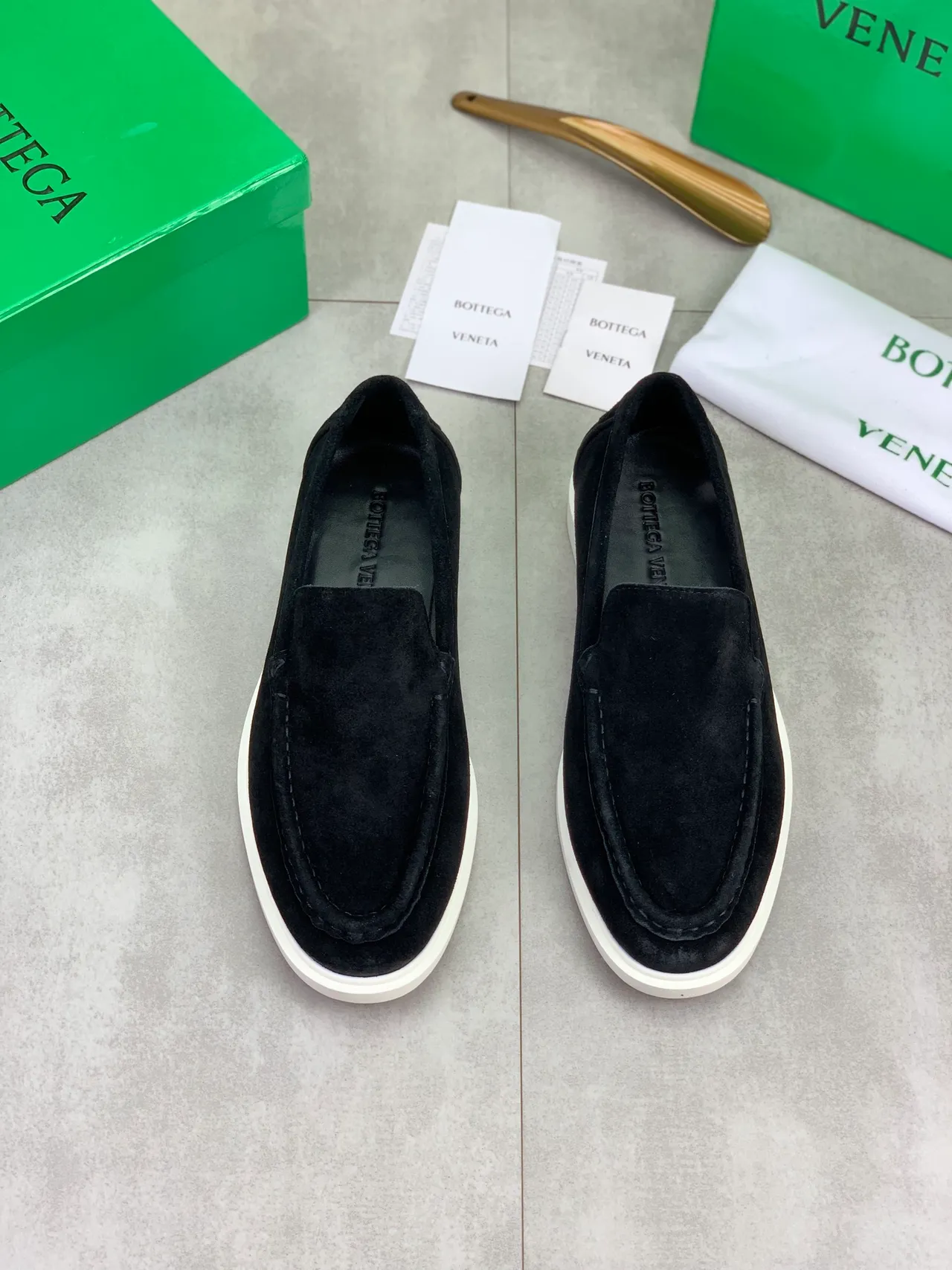 Bottega Veneta Black White Suede Upper Rubber Sole Loafer