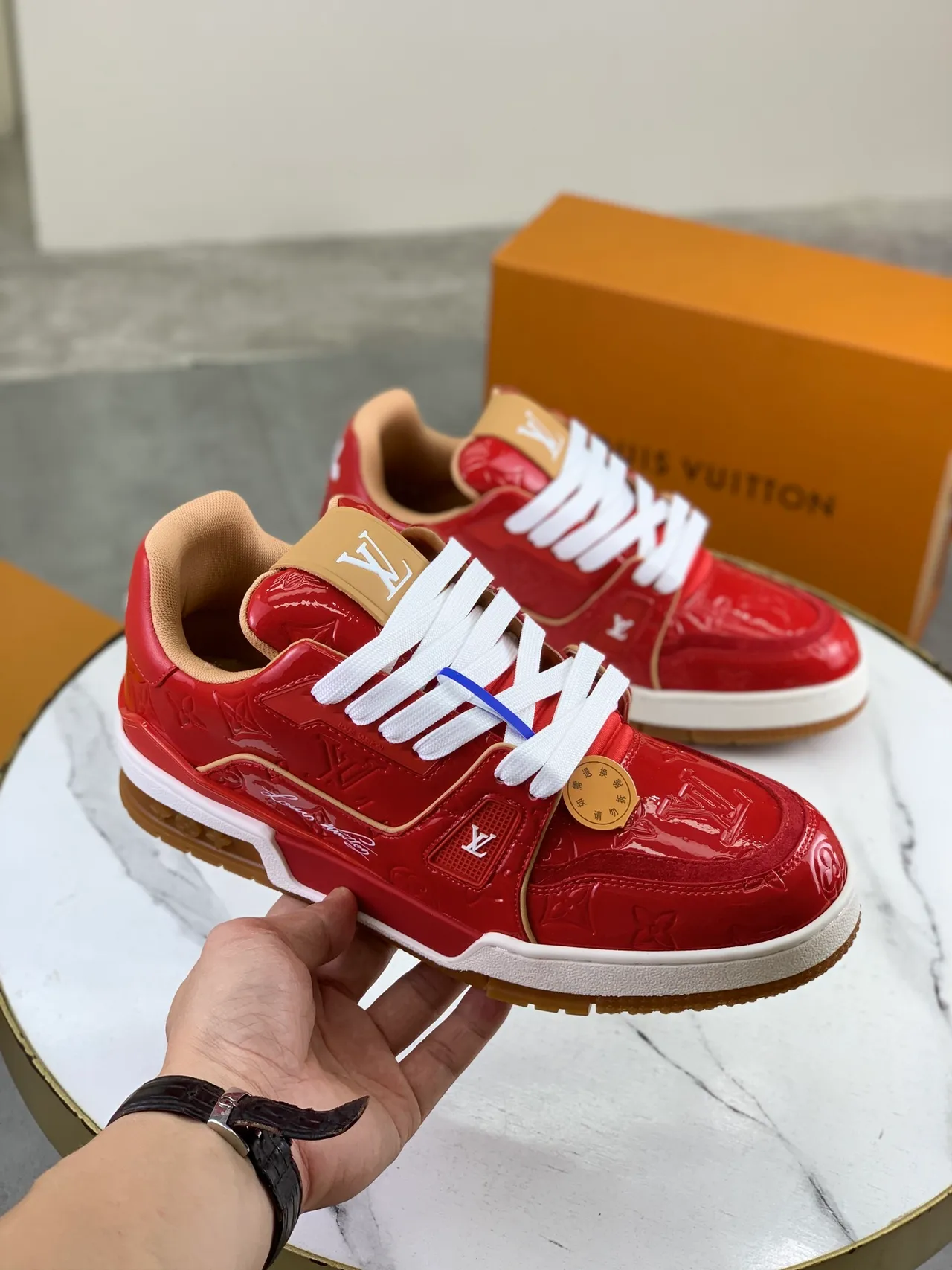 Louis Vuitton LV Trainer Red Beige Patent Leather Monogrammed Lifestyle Sneakers