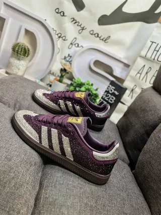 Adidas Purple Gold Glitter-Embellished Stripes Cupsole Construction Sneakers
