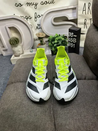 Adidas Yellow Black Asymmetrical Heel Cage Perforated Three-Stripe Design Running Shoes