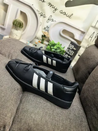 Adidas Black White Leather-Like Upper Three Stripes Mary Jane Shoes