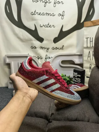 Adidas Red Silver Rhinestone-Embellished Upper Three-Stripe Side Panel Lifestyle Sneakers