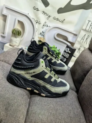 Adidas Black Army Green Sole Layered Suede And Mesh Upper Chunky Sneakers