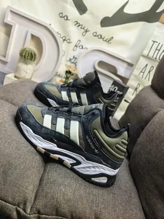 Adidas Army Green Black Layered Midsole Padded Collar Chunky Sneakers