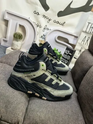 Adidas Army Green Black Layered Midsole Padded Collar Chunky Sneakers