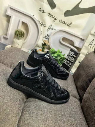 Maison Margiela Black Glossy Patent Leather Stitched Panel Construction Lifestyle Sneakers