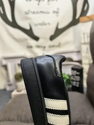 Adidas Black White Leather-Like Upper Three Stripes Mary Jane Shoes