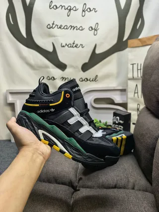 Adidas Black Army Green Sole Layered Suede And Mesh Upper Chunky Sneakers