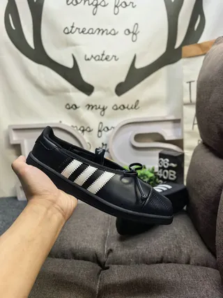 Adidas Black White Leather-Like Upper Three Stripes Mary Jane Shoes