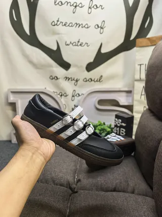 Adidas Samba Black White Leather Upper Buckle-Strapped Mary Jane Shoes