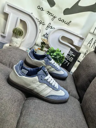 Adidas Beige Blue Denim-Textile Upper Three-Stripe Side Panel Lifestyle Sneakers