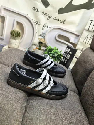 Adidas Samba Black White Leather Upper Buckle-Strapped Mary Jane Shoes